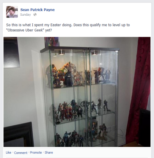 A Facebook post about my glass cabinets full of figures.
