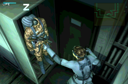 Snake placing a sleeping guard inside a locker.