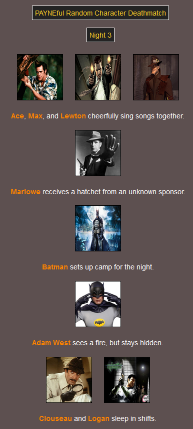 The mental image of classic 1966 Batman stealthily hiding in the bushes from his modern counterpart tickles me. Night 3