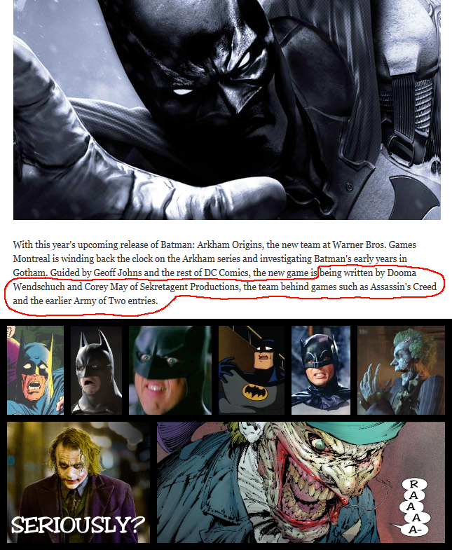 A screenshot of the article, informing that the writers will be the chaps behind Army of Two and Assassin's Creed, along with disgusted reactions from various Batmen and Jokers.