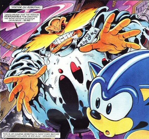 Dr. Robotnik's first appearance after the lab accident that created him, turning him into a massive egg-like monster.