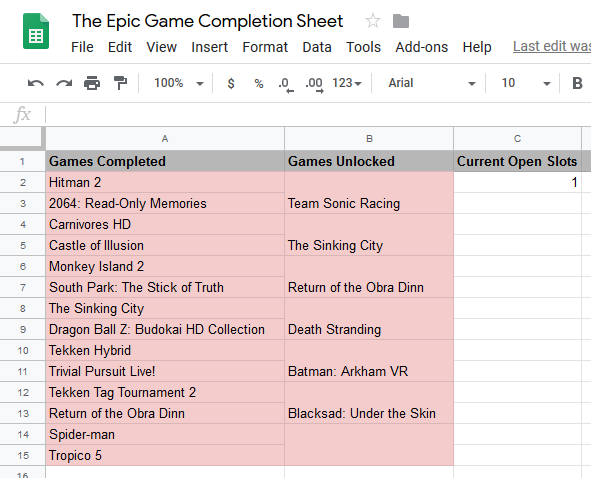 A spreadsheet of completed games.